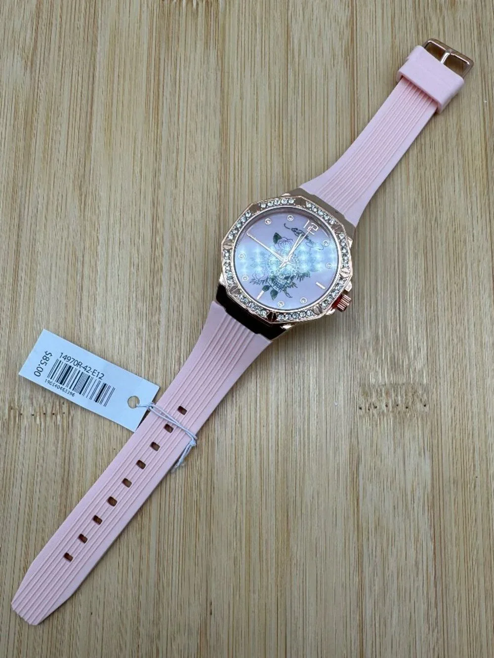 Ed Hardy Ladies Pink Silicone Strap Watch Rose Gold Tone Skull Analog Quartz